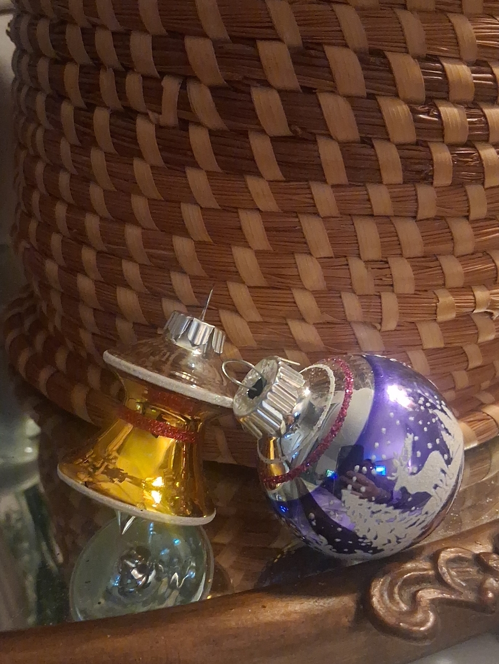 Holiday Glass Ornaments - Gold Bell & Purple Snowball